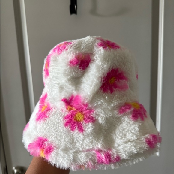Urban Outfitters Accessories - Urban Outfitters Fuzzy White Hat with Pink Floral Accents